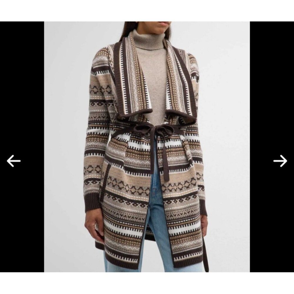 Neiman Marcus Women's Brown 100% Cashmere Intarsia Striped Cardigan Sweater Sz S